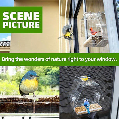 WENMIXER Window Bird Feeder with Non-Marking Self-Adhesive Hooks, Clear and Transparent, Outdoor Wild Bird Watching Gift, Garden Decor (with Large Window)