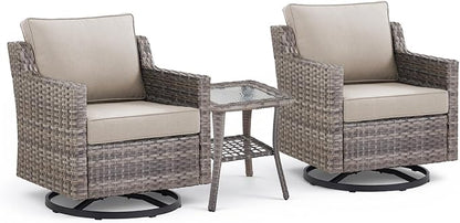 3 Pieces Patio Furniture Set-High Back Swivel Patio Chairs Set of 2 with Outdoor Side Table Patio Table and Chairs Set for Porch Deck Balcony Garden Grey/Beige
