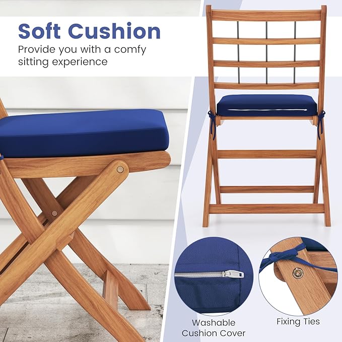 HAPPYGRILL 3 Pieces Acacia Wood Patio Bistro Set, Folding Outdoor Table and Chairs Set with Cushions, Outdoor Patio Furniture Set for Porch, Balcony, Deck, Garden, Backyard (Navy)