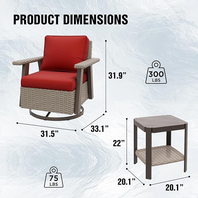 EAGLE PEAK Classic Wicker Patio Bistro Set of 3, Outdoor Patio Furniture with 360° Swivel Rocker Chair and Side Table, Lounge Set for Porch, Deck, or Balcony, Beige/Red