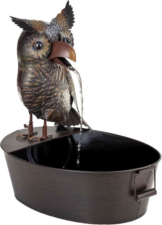 Alpine Corporation NCY294 23" Outdoor Floor Soothing Metal Water Fountain, Vintage Owl Garden Water Feature with Cascading Water for Patio & Backyard Décor, Brown