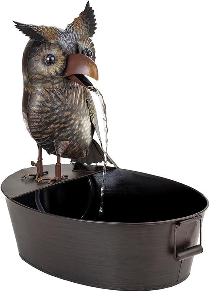 Alpine Corporation NCY294 23" Outdoor Floor Soothing Metal Water Fountain, Vintage Owl Garden Water Feature with Cascading Water for Patio & Backyard Décor, Brown