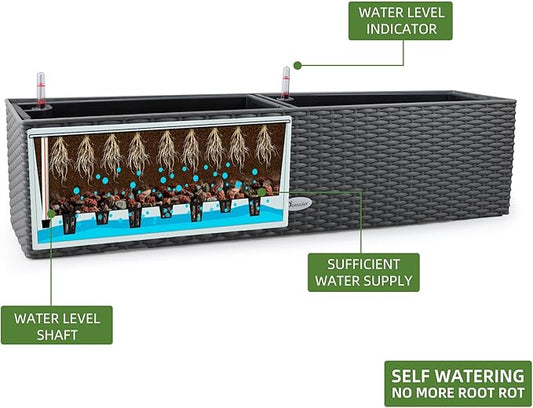 Dexceder 31.5 Inch Rattan Self Watering Planter Indoor Outdoor, Thickened Large Rail Flower Plant Pot Window Box with Water Level Indicators & Bracket (Deep Gray)