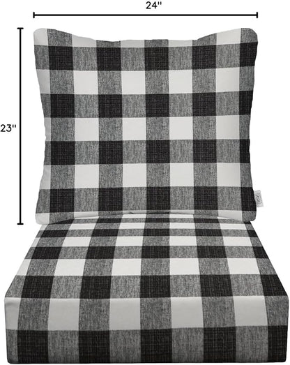 RSH DECOR: Deep Seating Chair Cushion with Pillow Back | 23” x 24” Seat | All-Weather Spun Fabric | Outdoor Cushion Set for Patio Furniture | Black Buffalo Plaid