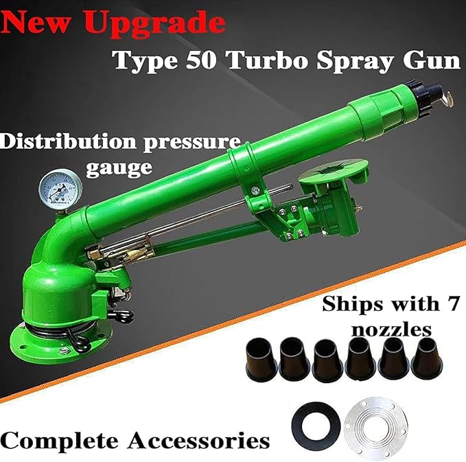 2-inch farm irrigation nozzle with pressure gauge, 360 ° rotating large area water spray, 3-8 bar working pressure, flange connection, suitable for farmland, tea，gardens, parks, construction sites...