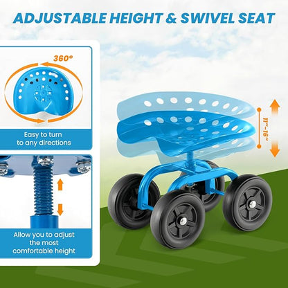 Giantex Garden Cart, Rolling Workseat with 4 Wheels, Garden Stool 360° Swivel Work Seat & Adjustable Height, Heavy Duty Wagon Scooter for Gardening for Patio Garden, Lawn, Yard (Blue)