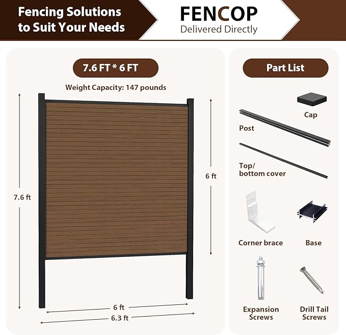 Privacy Fence Panels for Outside with 2 Post, 6' × 6' Windproof Composite Fence Cover Privacy, Garden Fencing Panel for Yard Pool Equipment Trash Can(Poured Concrete, Brown)