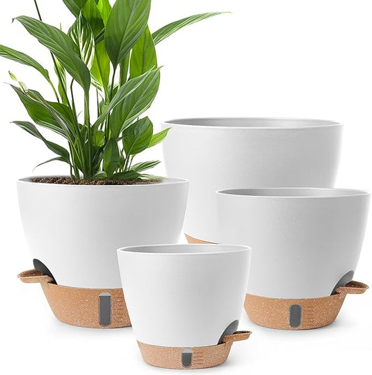 Self Watering Pots for Indoor Plants 12/10/9/8 Inch Large Plastic Self Watering Flower Pots Indoor Outdoor with Drainage Holes, Deep Reservoir,Nursery Planting Pot for Indoor Outdoor Plants White