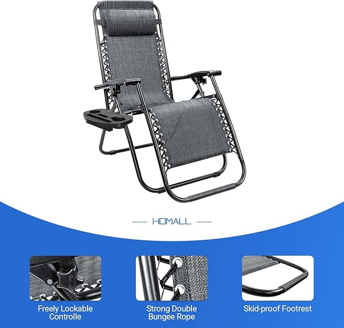 Homall Zero Gravity Chair Adjustable Folding Lawn Lounge Chairs Outdoor Lounge Gravity Chair Camp Reclining Lounge Chair with Pillows for Poolside Backyard and Beach Set of 2 (Double-Gray)