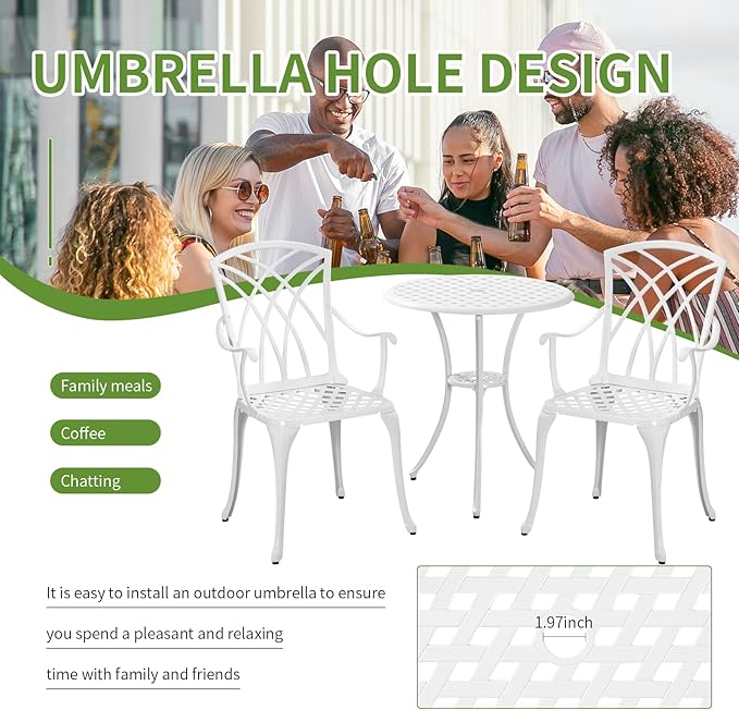Bistro Table and Chairs Set of 2 for Garden, Bistro Set 3 Piece Outdoor, Cast Aluminum Patio Funiture Set, With Armrest