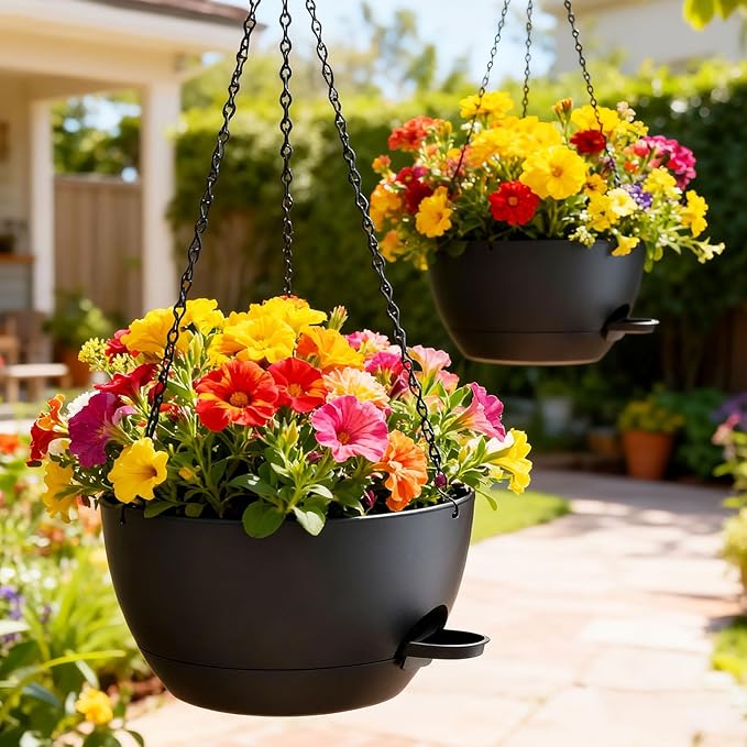 10 Inch Hanging Baskets 2 PC with Chains, Self-Watering Hanging Planters for Indoor Outdoor Plants, Plastic Hanging Flower Pots,Black