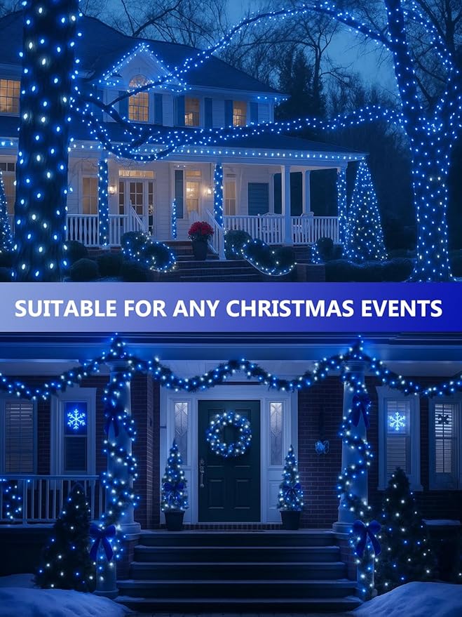 4 Pack Solar Christmas Lights Outdoor Waterproof, 132FT 400LED Solar String Lights Green Wire Fairy Lights, Solar Twinkle Lights with 8 Lighting Modes for Xmas Garden Decorations (Blue&White)