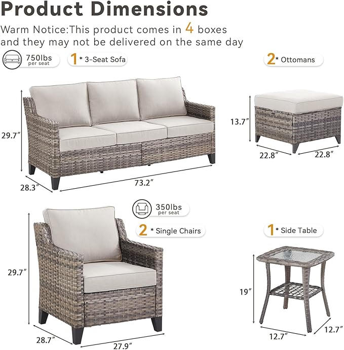 Buenhomino Outdoor Patio Furniture Set-PE Wicker Sofa Couch with Ottomans Comfy Cushions, All Weather High Back Patio Conversation Set for Porch Deck Balcony Garden Grey/Beige