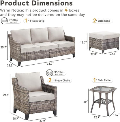 Buenhomino Outdoor Patio Furniture Set-PE Wicker Sofa Couch with Ottomans Comfy Cushions, All Weather High Back Patio Conversation Set for Porch Deck Balcony Garden Grey/Beige