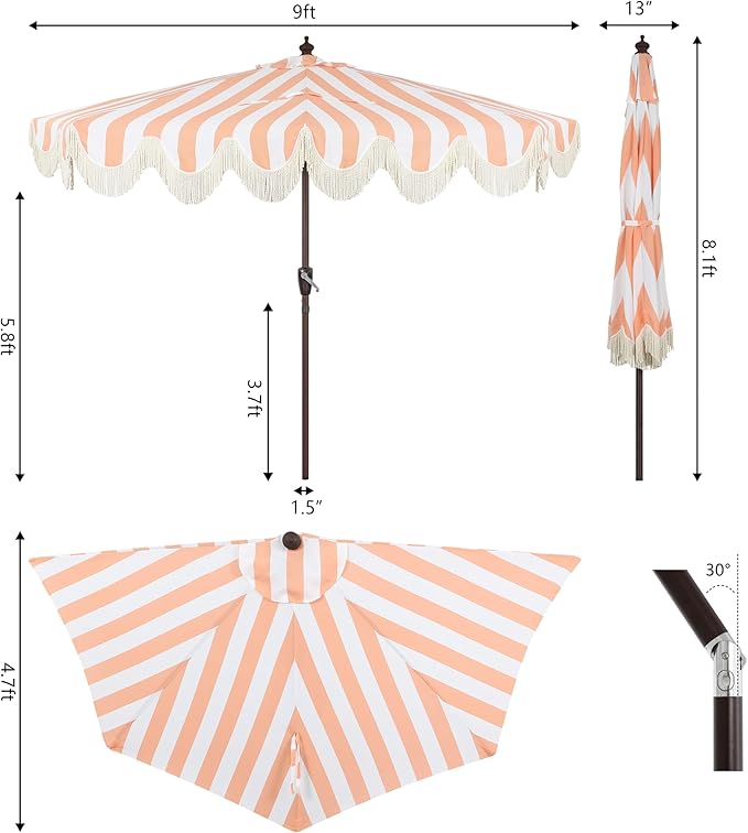 JONATHAN Y Half Umbrella UMB1201E Beverly 9 ft. Designer Classic Scalloped Fringe Market Patio with Crank, Push Button Tilt and UV Protection in Coral Pink/White