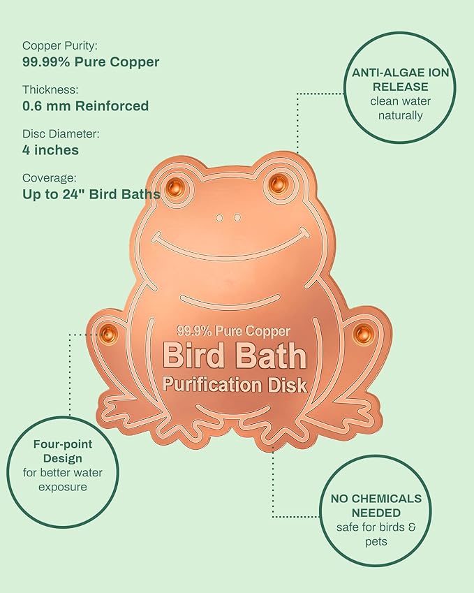 Bird Bath Purification Disk Pure Copper Outside Winter Solar Power Birdbath Hummingbird Window Garden Feeder Ground Bowl Cage Dispenser Pedestal Cleaner Water Fountain Garden Lover Gift Frog