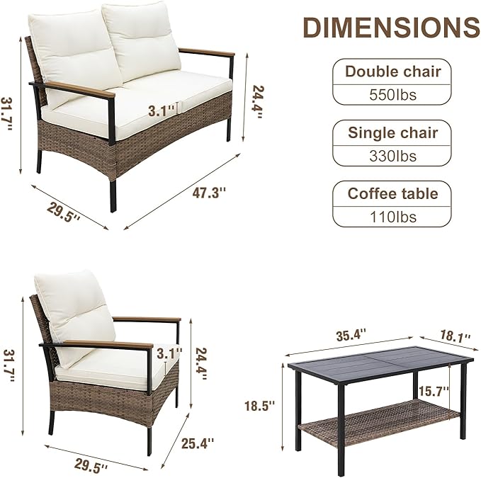 Sunset Escape Wicker Outdoor Furniture, Modern Sofa and Chair Set of 4, Rattan Patio Conversation Set, 2 Patio Chairs, Loveseat and Coffee Table, Gray/Beige