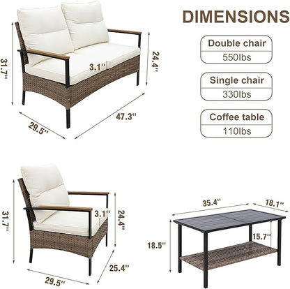 Sunset Escape Wicker Outdoor Furniture, Modern Sofa and Chair Set of 4, Rattan Patio Conversation Set, 2 Patio Chairs, Loveseat and Coffee Table, Gray/Beige