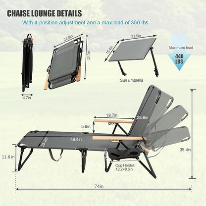 Folding Lounge Chair with Adjustable Canopy, Portable Sun Lounger with 4-Position Reclining Back, Outdoor Chaise Lounge with Arms, Tanning Chair for Beach Poolside Backyard Camping, 440LBS (Beige B)