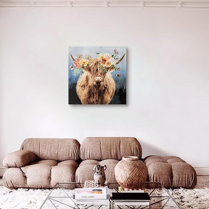 Hand-Painted Highland Cow Canvas Wall Art, Lovely Cow With Flower Wall Art, Farmhouse Animal Print Home Decor, 3D Mural Painting, Ready to Hang Bedroom Living Room Kitchen Bathroom Office, 24"X24"