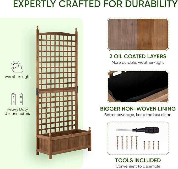 Idzo Raised Garden Bed with Trellis, Durable Oil Coated Planter with Trellis, 71 Inches Height Vertical Gardens Outdoors with Convenient Non Woven Lining for Better Plants Growing
