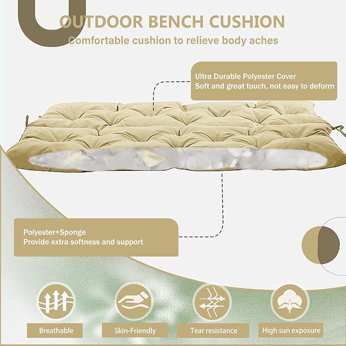 2/3 Seater Swing Replacement Cushion, Waterproof Porch Swing Cushions with Backrest, Thickened Bench Cushions for Outdoor Furniture, for Outdoor Patio Swing (Beige, 60 * 40 in)