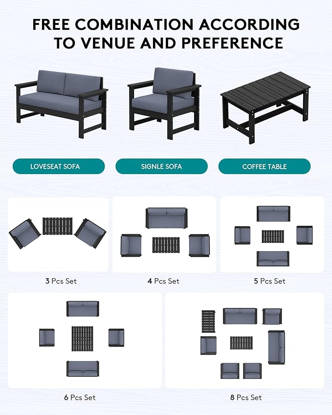 SERWALL 2 Pieces Single Cushioned Lounge Chair, Black HDPE Outdoor Adirondack Sofa Armchair with Grey Cushion