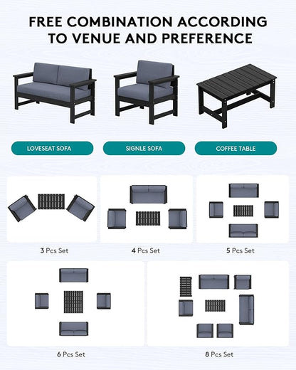 SERWALL 2 Pieces Single Cushioned Lounge Chair, Black HDPE Outdoor Adirondack Sofa Armchair with Grey Cushion