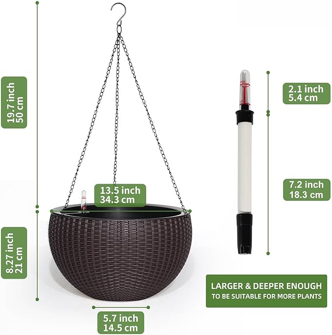 Dexceder 13.5 Inch Large Self Watering Hanging Planters Indoor Outdoor, Thickened Hanging Basket Flower Plant Pot with Water Level Indicator (Brown)