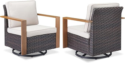 Outdoor Patio Swivel Rocker Chairs - 3 Piece Wicker Patio Furniture Bistro Set with 2 Swivel Rocking Chairs and 1 Metal Side Table,Thick Cushions,Deep Seating for Deck Porch Garden(Brown/Beige)