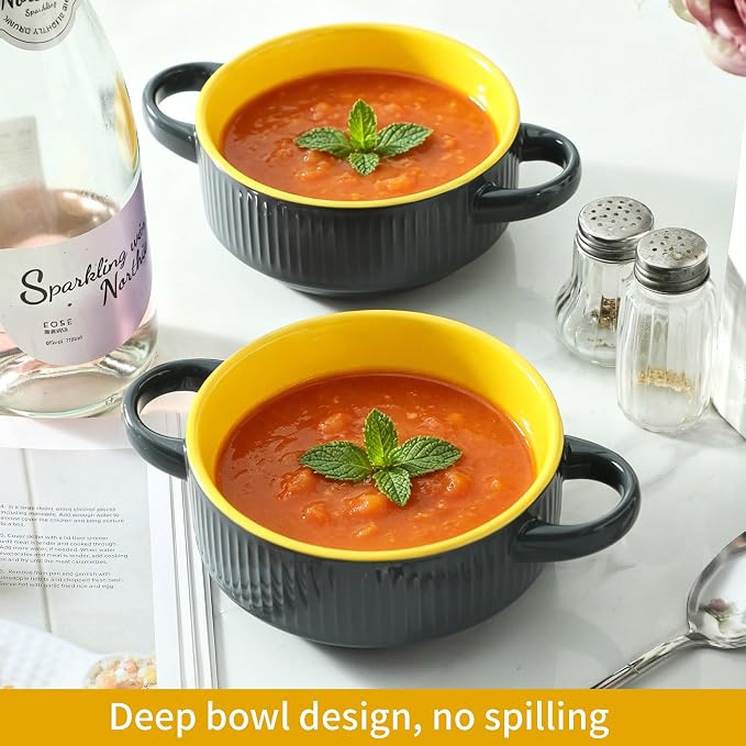 Soup Bowls with Handles, 23 oz French Onion Soup Crocks, Stackable Soup Bowl Oven Safe for Chili, Beef Stew, Embossment Ceramic Bowl Set - 5.4 Inch, Set of 4,Yellow Gray