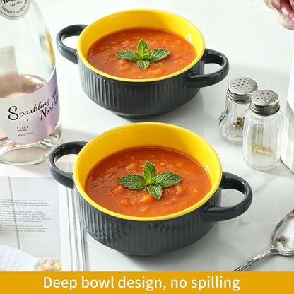 Soup Bowls with Handles, 23 oz French Onion Soup Crocks, Stackable Soup Bowl Oven Safe for Chili, Beef Stew, Embossment Ceramic Bowl Set - 5.4 Inch, Set of 4,Yellow Gray