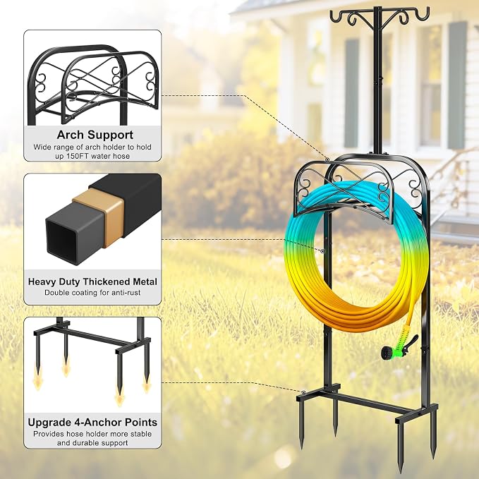 Gtongoko Garden Hose Holder for Outside 70" with 4 Prongs Base & 2 Shepherds Hooks Heavy Duty Freestanding Metal Water Hose Holder Stand Holds Up to 150FT Hose & 44LB Detachable Hose Storage for Yard