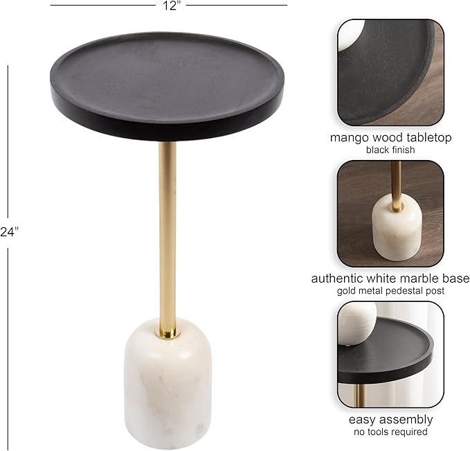 Kate and Laurel Shorrock Round Mango Wood Side Table, 12 x 12 x 24, Black, Gold, and White Marble, Modern Pedestal End Table with Marble Base for Bedroom Nightstand or Living Room Plant Stand