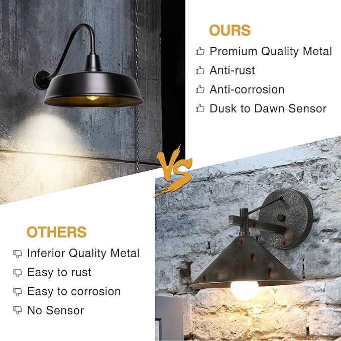 24 inch Barn Lights Outdoor Gooseneck Lighting, Dusk to Dawn Black Exterior Barn Lights, Farmhouse Wall Lighting Fixtures with Sensor for Porch Garage (1, 24" Diameter)