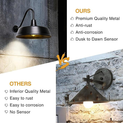 24 inch Barn Lights Outdoor Gooseneck Lighting, Dusk to Dawn Black Exterior Barn Lights, Farmhouse Wall Lighting Fixtures with Sensor for Porch Garage (1, 24" Diameter)