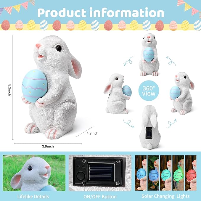 Solar Easter Rabbit Garden Statues Bunny Figurine Outdoor Easter Decorations Resin Bunny Statue with Egg Changing LED Lights for Porch Patio Lawn Yard Gardening Gifts for Mom Grandma
