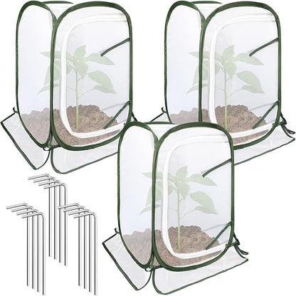 Augshy 3 Pack Pop Up Plant Covers Plant Protectors Tent Mesh Plant Protectors from Animals and Birds Garden Net Cage with Stakes for Protect Outdoor Plants Vegetables Flowers Shrubs 13"x13"x20"