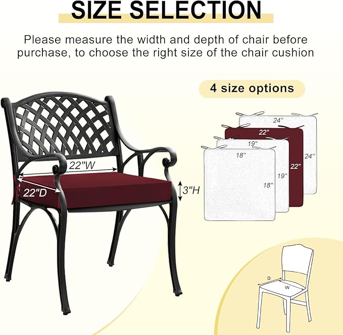 downluxe Waterproof Outdoor Chair Cushions for Patio Furniture, 22" x 22" x 3" Patio Chair Cushion with Adjustable Ties & Portable Handle, Square Outdoor Cushion with Removable Cover, Burgundy, 2 Pack