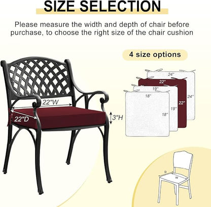 downluxe Waterproof Outdoor Chair Cushions for Patio Furniture, 22" x 22" x 3" Patio Chair Cushion with Adjustable Ties & Portable Handle, Square Outdoor Cushion with Removable Cover, Burgundy, 2 Pack