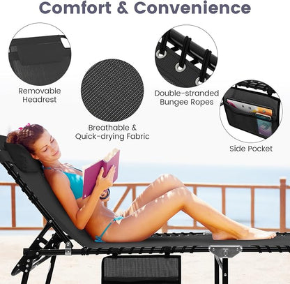 Tangkula Beach Lounge Chair for Outside, Folding Chaise Lounge Outdoor with 4-Position Backrest, Removable Headrest and Side Pocket, Portable Sunbathing Tanning Chair for Patio, Poolside (2, Black)