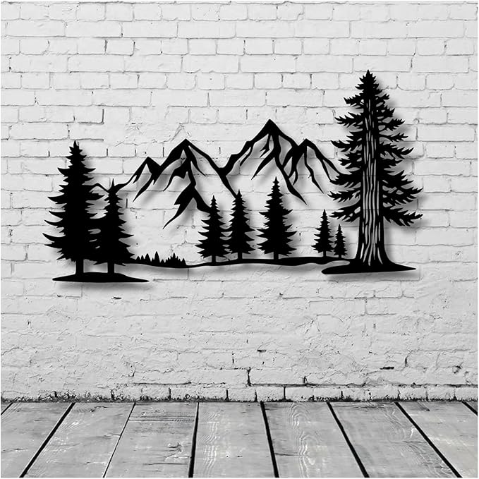 Metal Mountain Wall Art, Large Size Mountain Wall Decor, Tree Art Wall Hangings For Living Room, Bedroom, Outdoor(Gold,59x33 in/150x83cm)