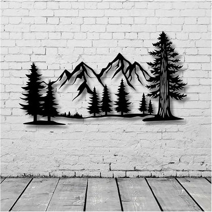 Metal Mountain Wall Art, Large Size Mountain Wall Decor, Tree Art Wall Hangings For Living Room, Bedroom, Outdoor(Silver,41x23 in/105x58cm)
