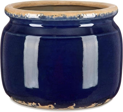 7.7" Large Ceramic Plant Pot Navy Blue Vintage Planter Crackle Glaze Decorative Coastal Flowers Pot with Drainage for Indoor Outdoor Plants Home Shelf Kitchen Office Patio Decor Gift