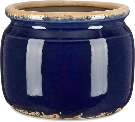 7.7" Large Ceramic Plant Pot Navy Blue Vintage Planter Crackle Glaze Decorative Coastal Flowers Pot with Drainage for Indoor Outdoor Plants Home Shelf Kitchen Office Patio Decor Gift