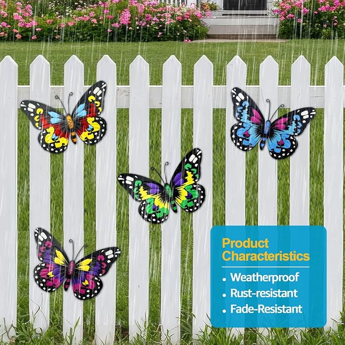 Metal Butterfly Wall Art Outdoor Decor - 4 Pack 9.8in Butterflies Wall Sculpture Hanging Decor for Home Yard Patio Garden Decoration (4 Colors)