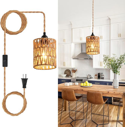 Plug in Pendant Light, Industrial Hanging Light with Plug in Cord Hemp Rope On/Off Switch Farmhouse Pendant Lamp with Plug in Cord, Vintage Hanging Lamps for Dining Room