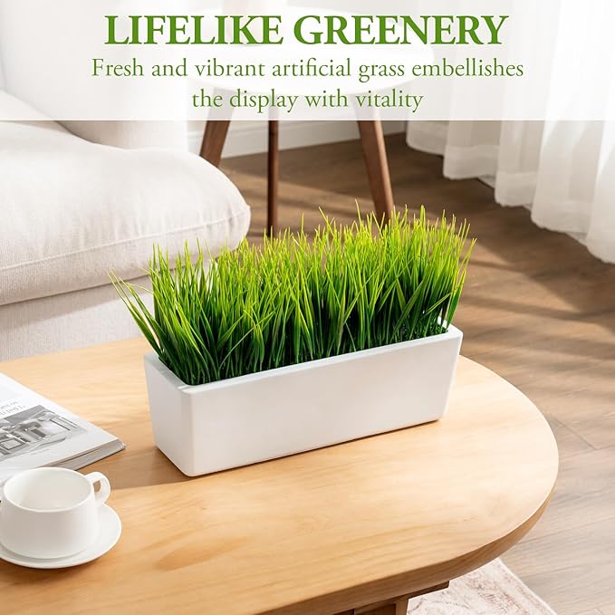 MyGift 14 Inch Artificial Green Grass Plant in Modern White Concrete Planter Window Box, Tabletop Faux Greenery in Decorative Rectangular Cement Container