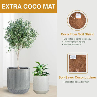 18.7" H x 16.9" D Ribbed Radius Fiberstone Round Planter with Drainage Hole, Weather Resistant for Indoor and Outdoor Use, Included 2 Extra Coco Mats (Frost Grey, 15" Pot Opening)