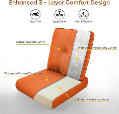 8-Piece Outdoor Patio Cushion Set - Fade & Water Resistant with Removable Olefin Cover, 22x24x4 Inch Memory Foam Cushions for Wicker Sectional Sofa – Orange/Buckle